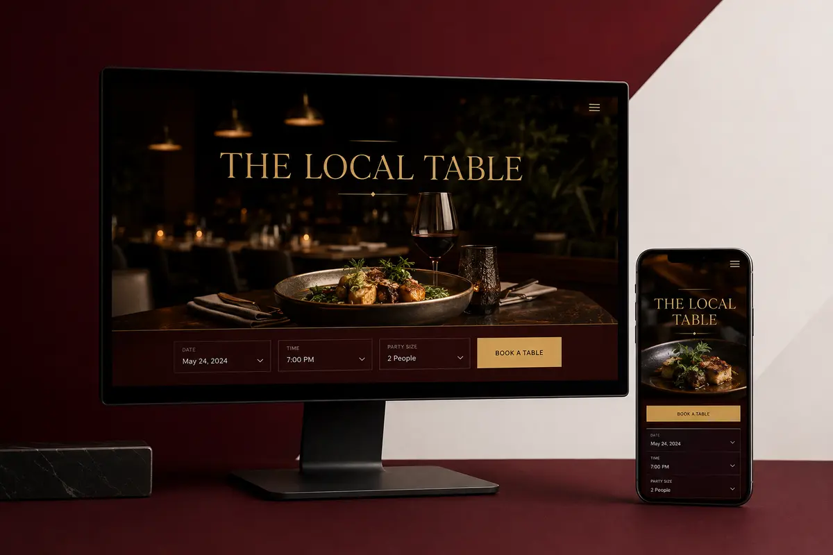 The Local Table responsive restaurant website concept displayed on a monitor and smartphone